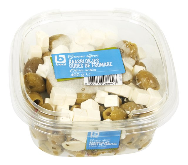 Kaasblokjes - groene olijven 400g
