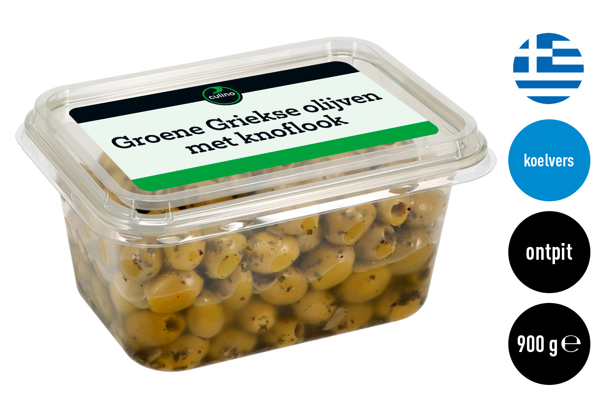 Groene Griekse olijven met knoflook ontpit 900g