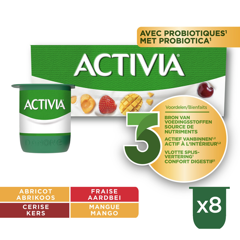 Yoghurt Activia aardbei-mango-abrikoos-kers 125gx8