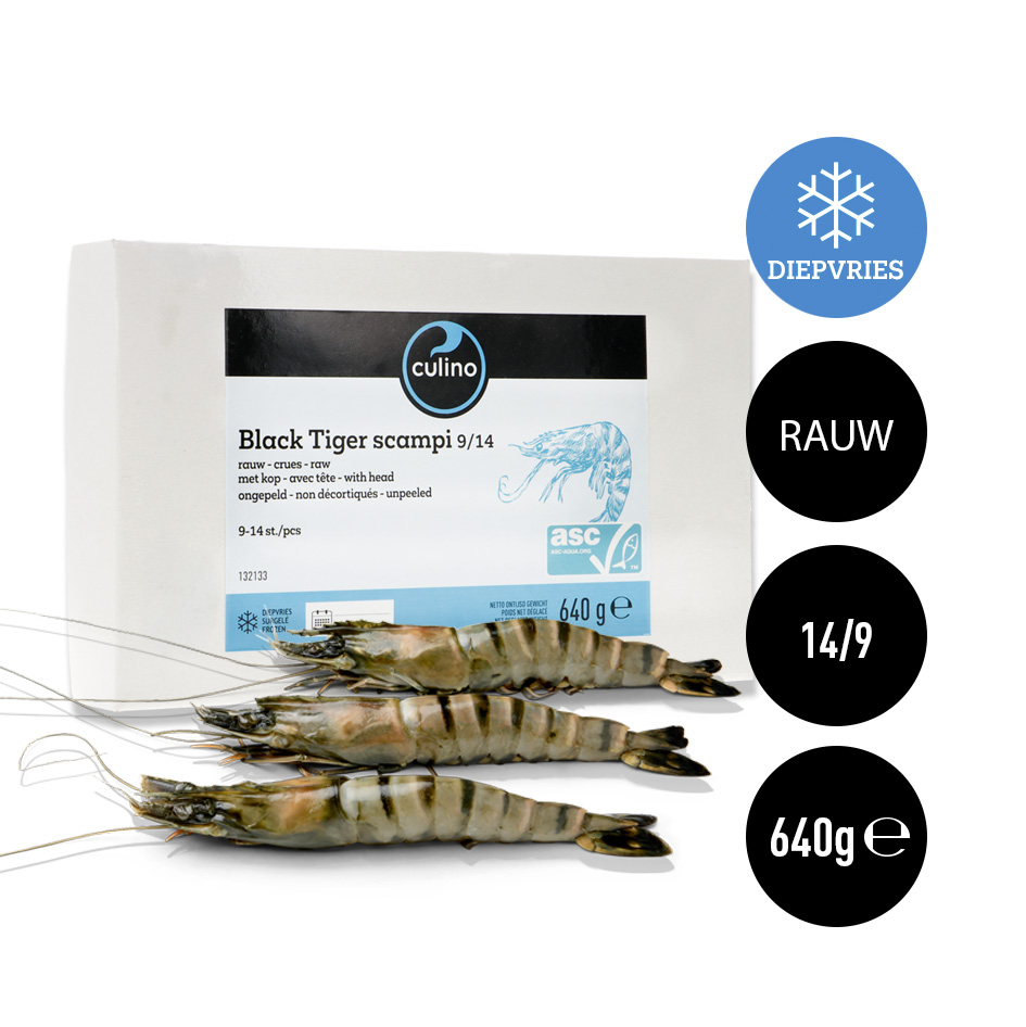 Scampi Black Tiger rauw/met kop/ongepeld 9/14 800g