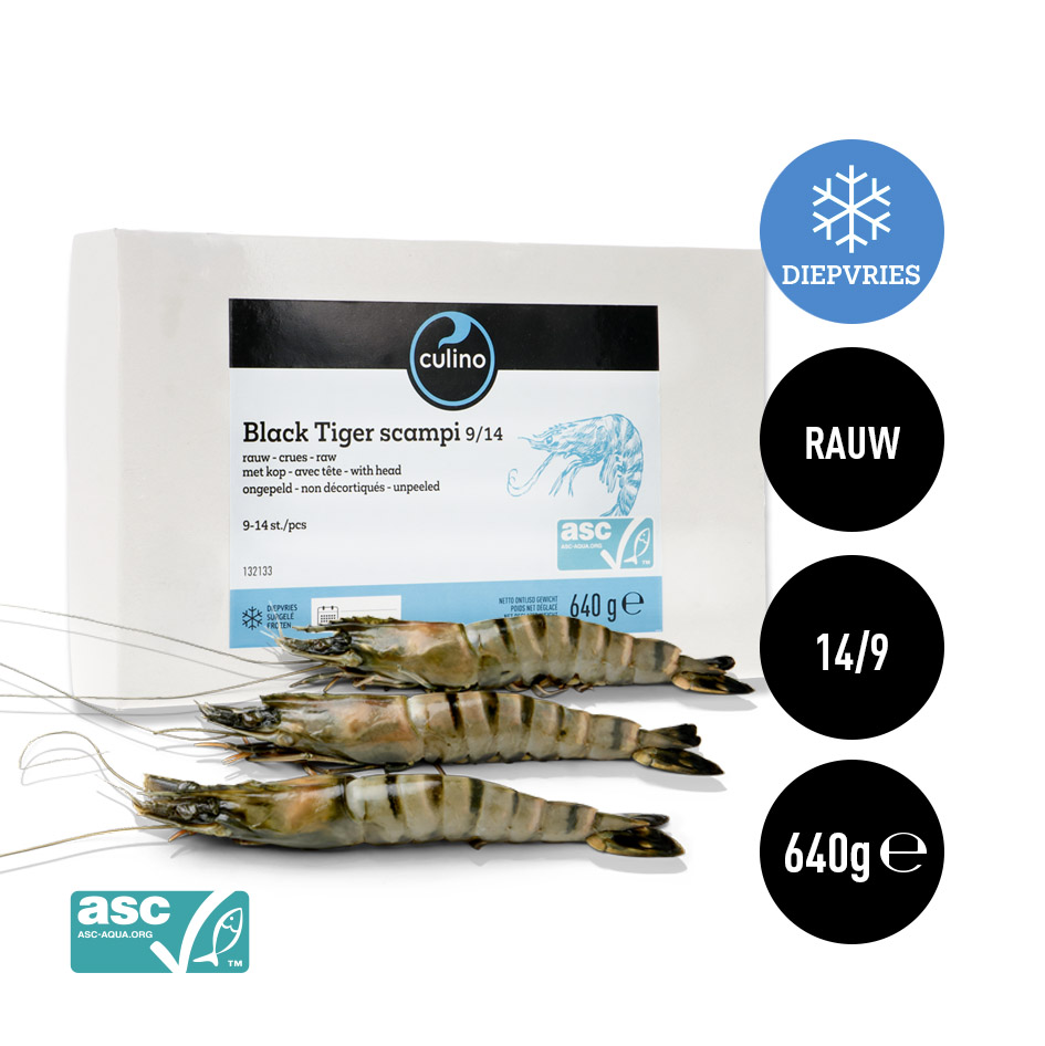 Scampi Black Tiger rauw/met kop/ongepeld 9/14 800g